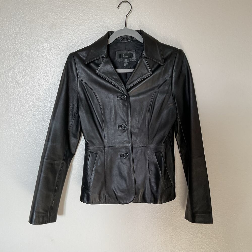 Frenchi Black Lambskin Leather Blazer Jacket XS Button Front Tailored Y2K
